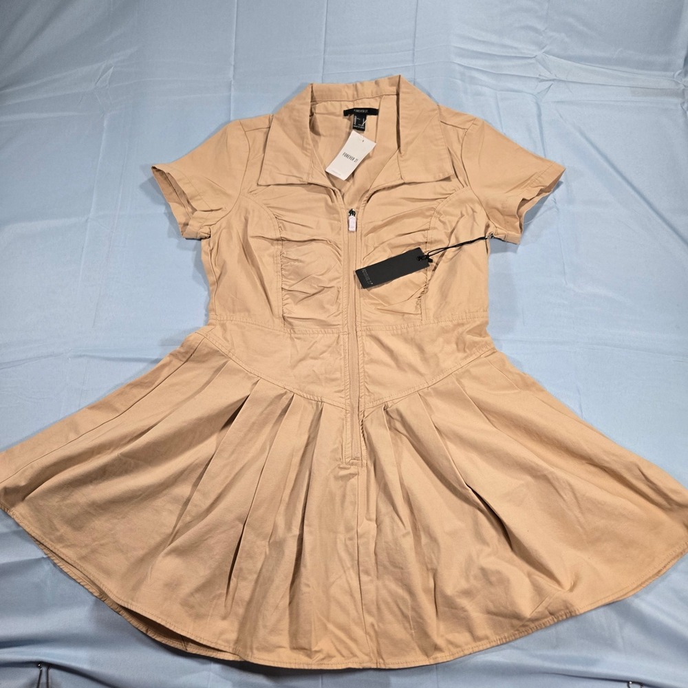 Forever 21 Tan Khaki Cotton Zip Front Pleated Mini Dress NWT Large